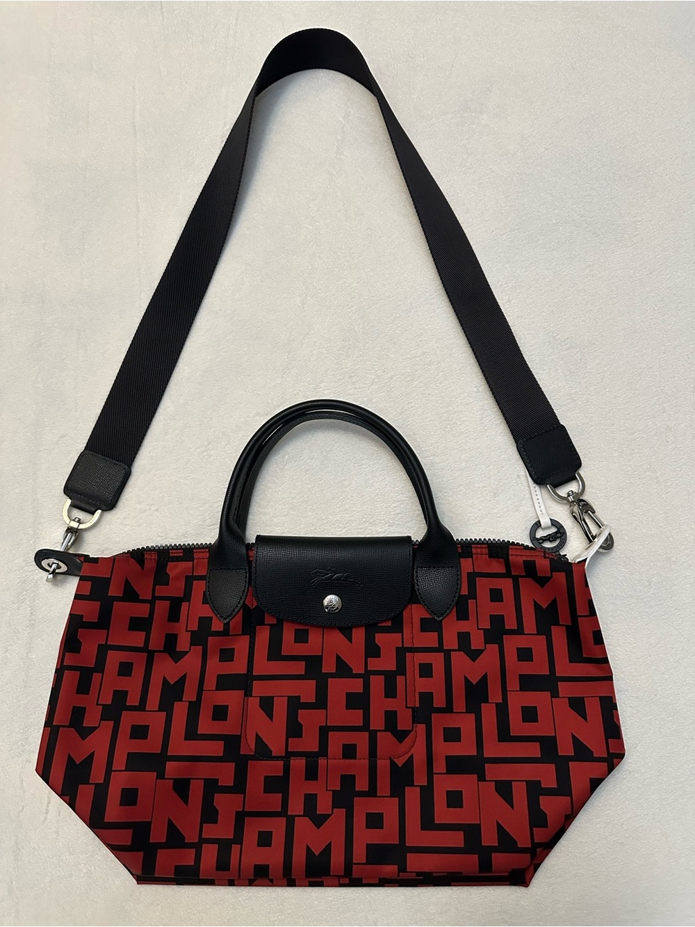 Longchamp Le Pliage LGP Red & Black Nylon Tote with Detachable Strap